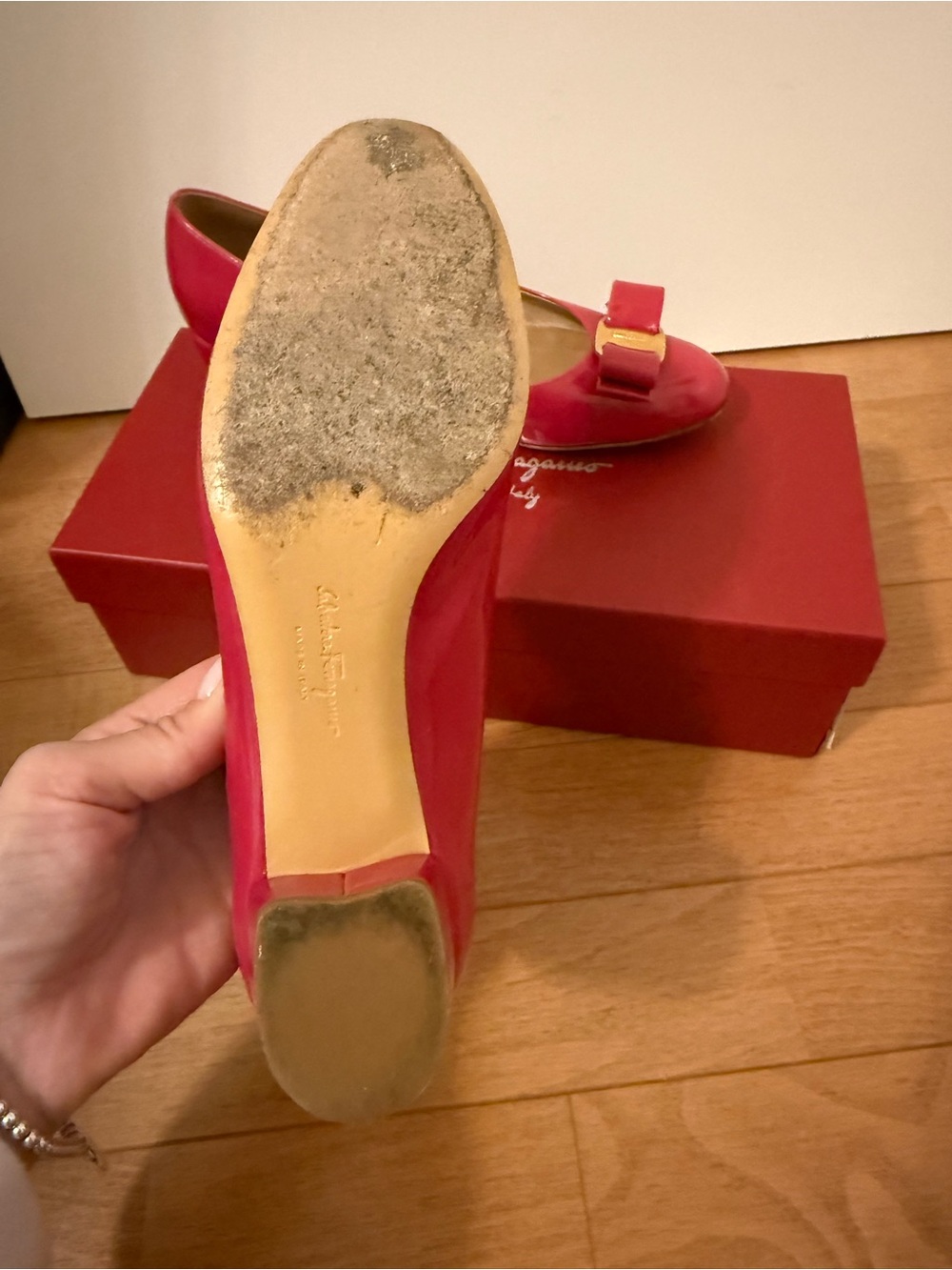 Salvatore Ferragamo Hot Pink Patent Vara Bow Low Block Heels - Picture 4 of 4
